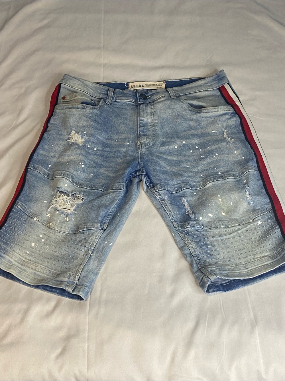 Light Blue Distressed Denim Shorts with Red Side Stripe